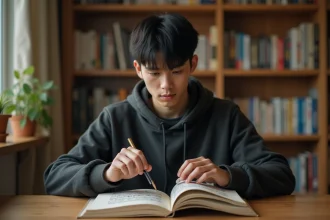 Jeune homme lisant un volume de manga papier Black Clover à son bureau, entouré de nombreux mangas en arrière-plan