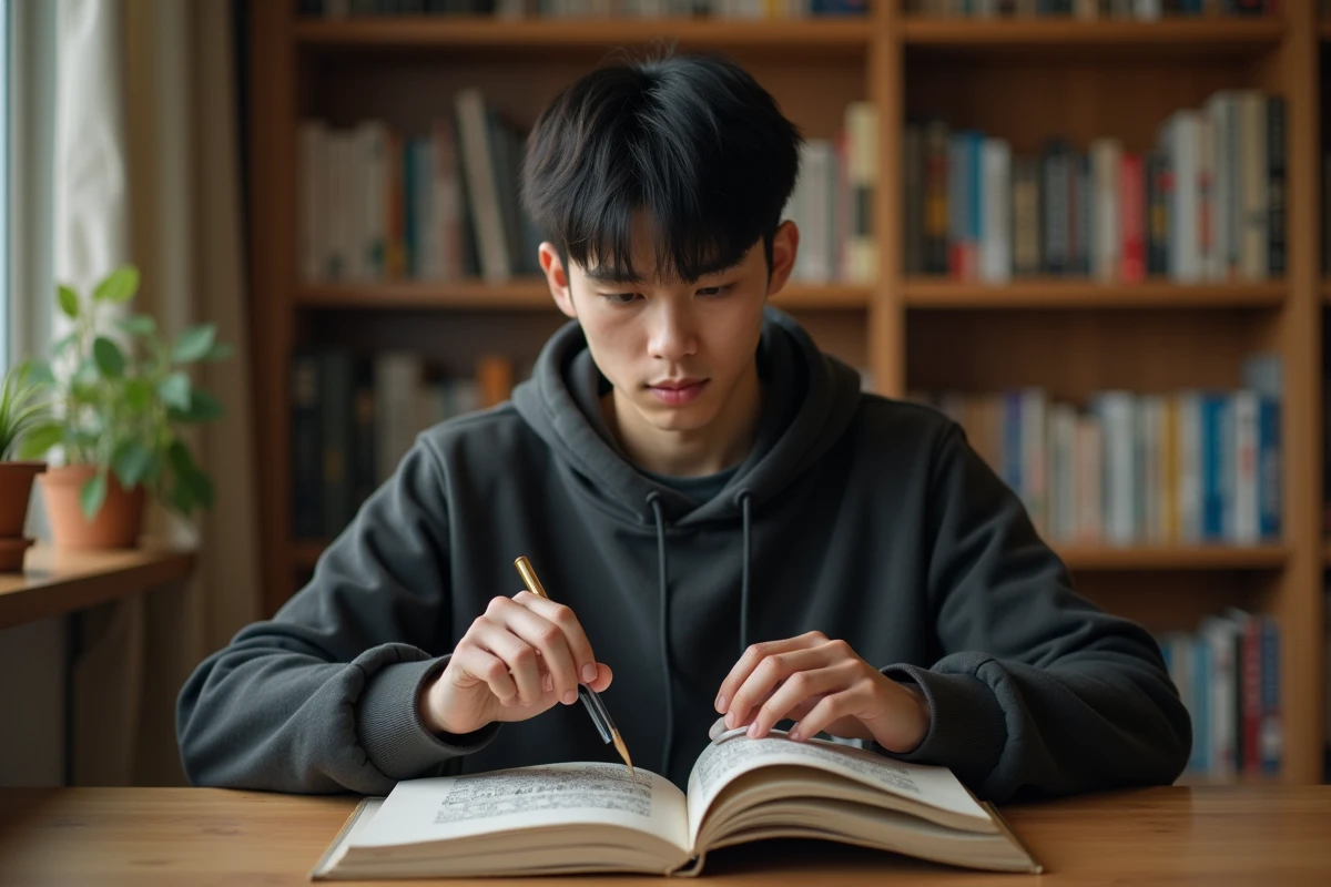 Jeune homme lisant un volume de manga papier Black Clover à son bureau, entouré de nombreux mangas en arrière-plan