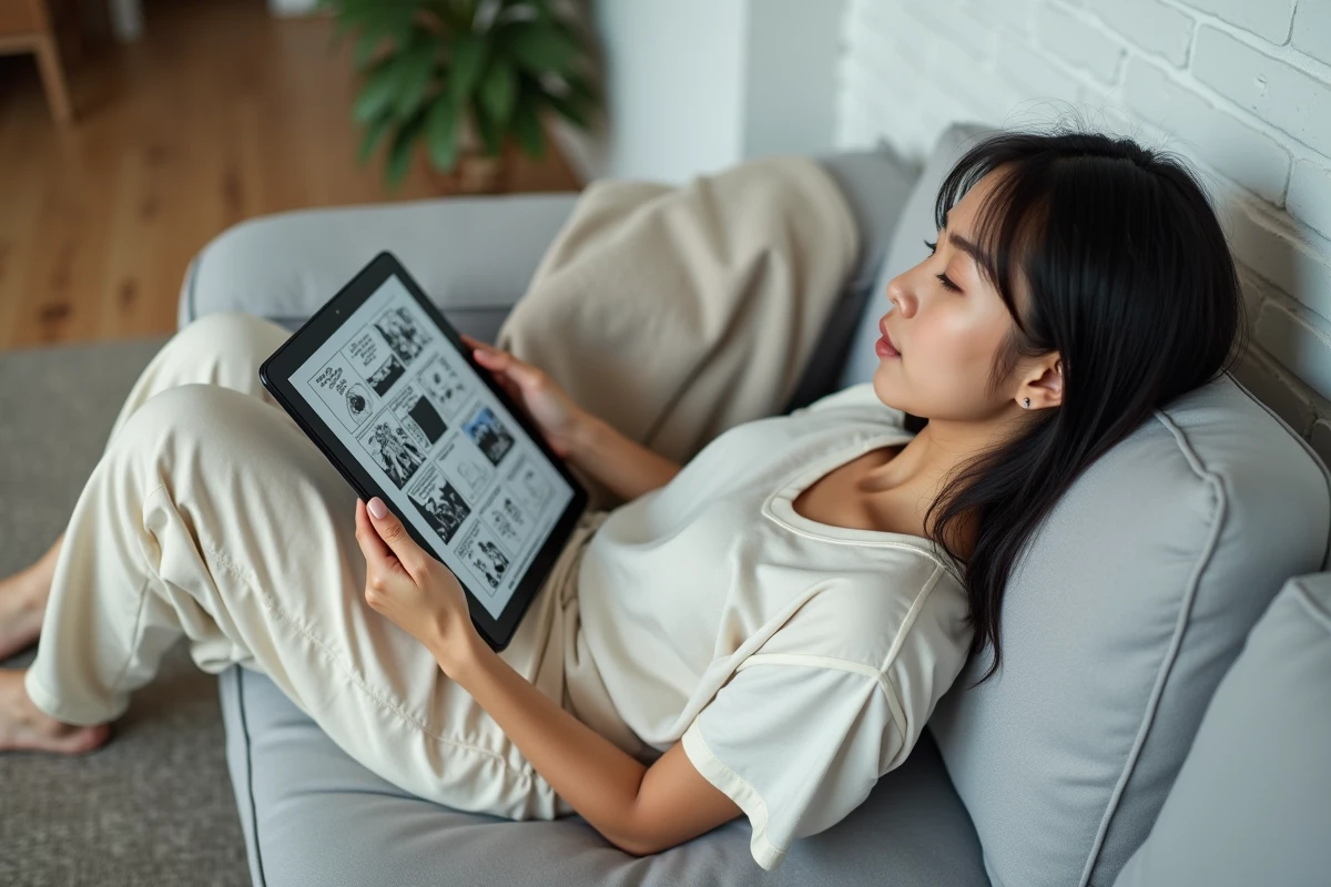 Jeune femme lisant un scantrad de manga sur tablette numérique allongée dans un salon moderne et minimaliste