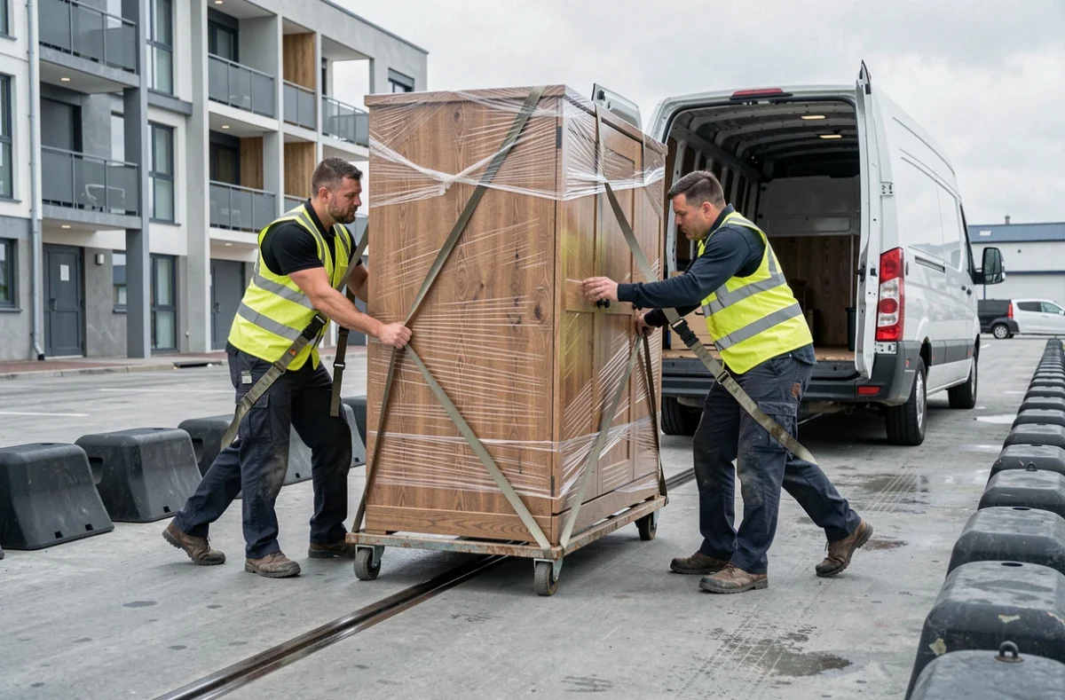 Deux déménageurs de LG Transport.76 manœuvrant une grande armoire en chêne avec des sangles professionnelles sur un quai de chargement havrais