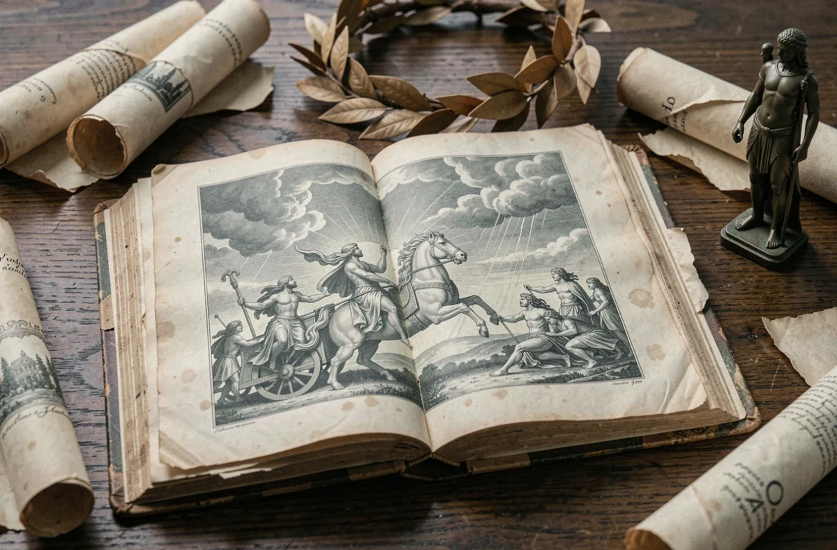 Livre ancien ouvert sur un bureau en chêne avec gravures mythologiques d'Apollon entouré de parchemins et d'une figurine en bronze