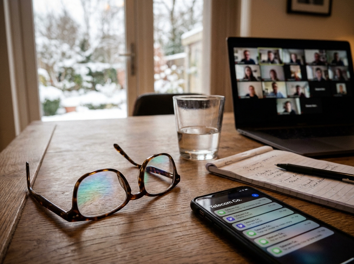 Lunettes de vue posées sur un bureau à côté d'un smartphone et d'un ordinateur portable, symbole de la fatigue oculaire des télétravailleurs en hiver