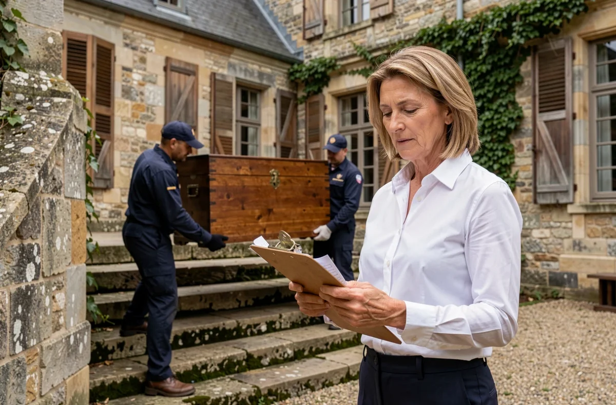 Coordinatrice de Maison Odinet supervisant le déménagement d'un meuble ancien dans la cour d'un manoir normand en pierre