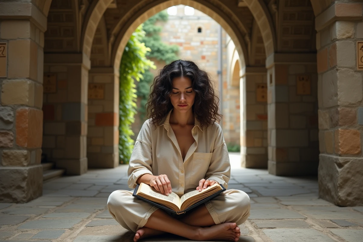 Jeune femme étudiant un manuscrit enluminé dans un cloître de monastère historique