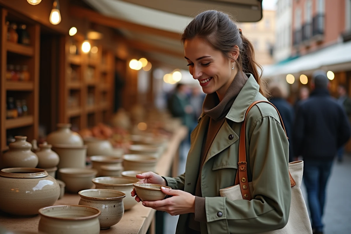 Femme explorant un marché nocturne artisanal en centre-ville de Toulouse avec des étals de céramique et de produits locaux
