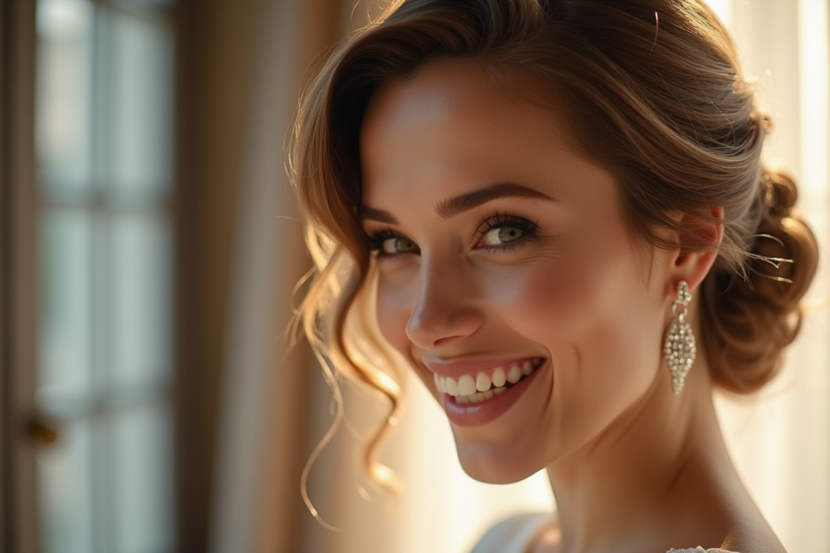 Mariée joyeuse avec cheveux courts élégants pour un mariage