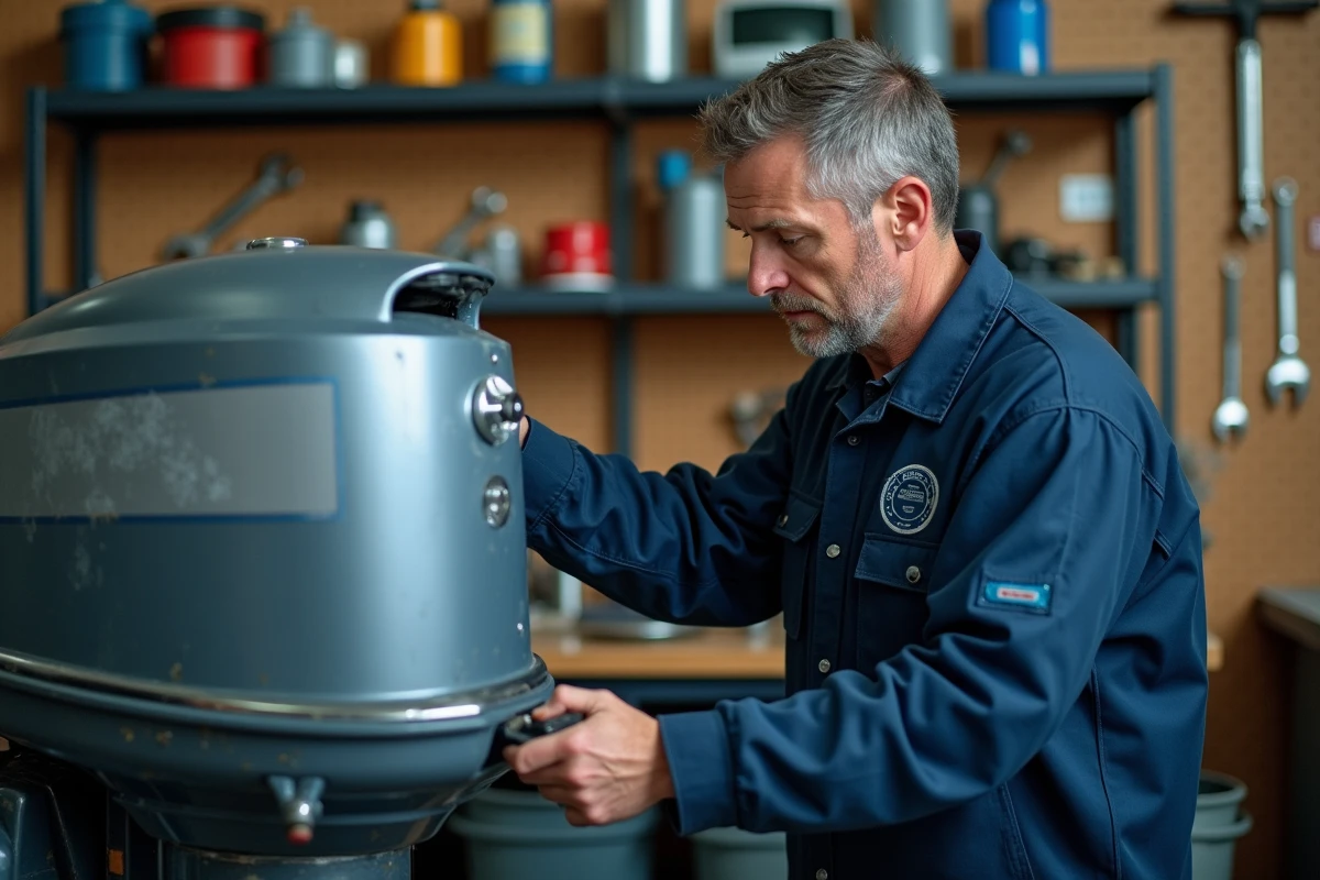 Mécanicien nautique inspectant un moteur hors-bord dans un atelier de motonautisme professionnel