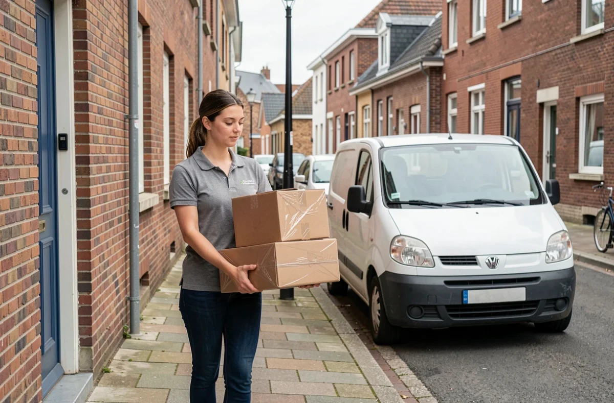 Jeune déménageuse de MEH Transport portant des cartons depuis un appartement vers un petit camion blanc dans une rue résidentielle du Havre