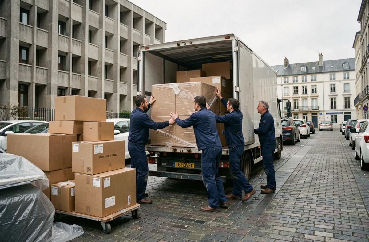 Équipe de déménageurs professionnels chargeant un camion devant un immeuble havrais en béton, avec cartons et meubles protégés sur le trottoir