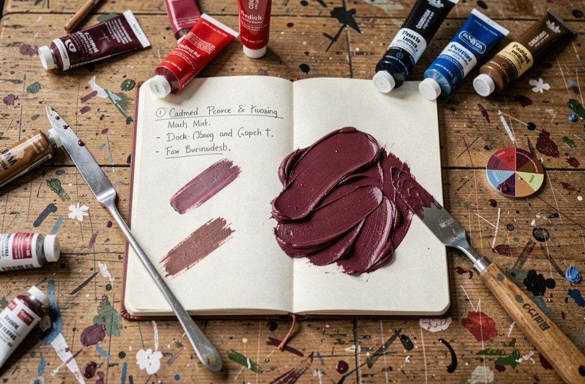 Vue en plongée d'une table d'atelier avec des tubes de peinture, un couteau de palette et des échantillons de couleur bordeaux mélangée dans un carnet de notes artistique