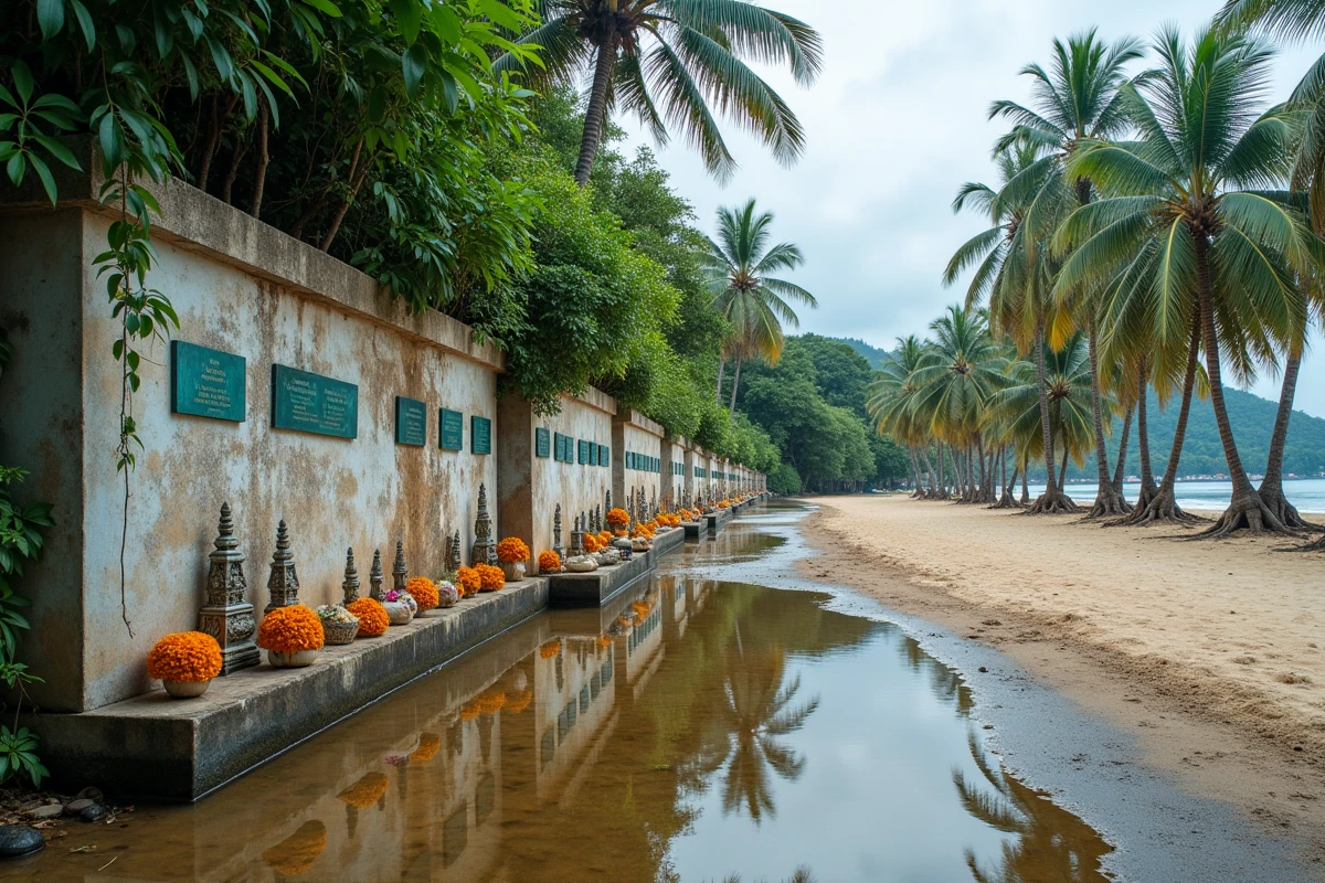 Mémorial du tsunami à Phuket avec mur de pierre gravé de noms, offrandes florales et figurines de maisons des esprits thaïlandaises