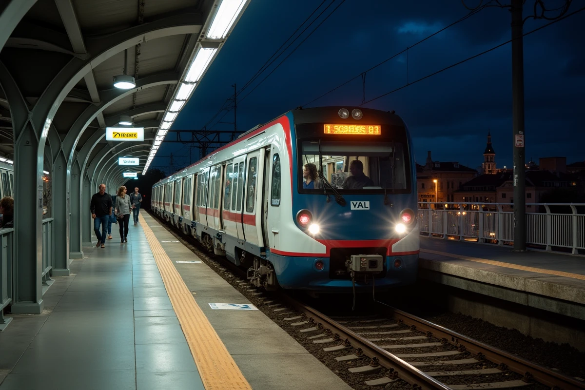 Rame de métro toulousain arrivant en station en soirée avec des passagers attendant sur le quai