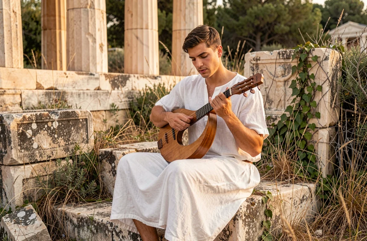 Jeune homme en toge blanche jouant de la lyre sur les marches d'un temple grec en ruine en Méditerranée