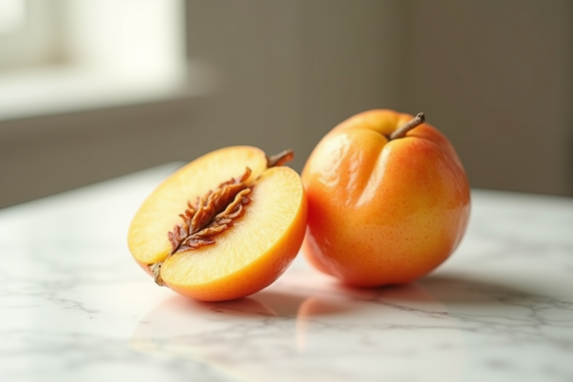 Nectarine tranchée sur marbre blanc lumière naturelle