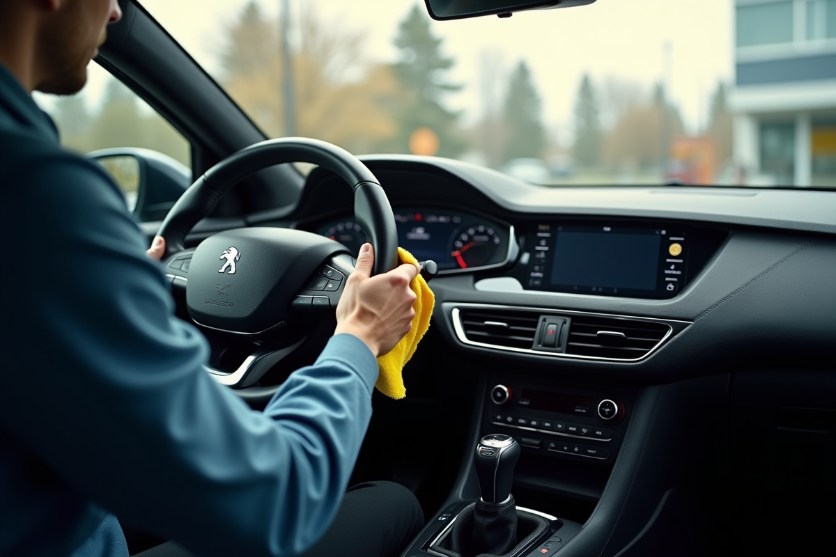 Personne nettoyant le tableau de bord de la Peugeot 308
