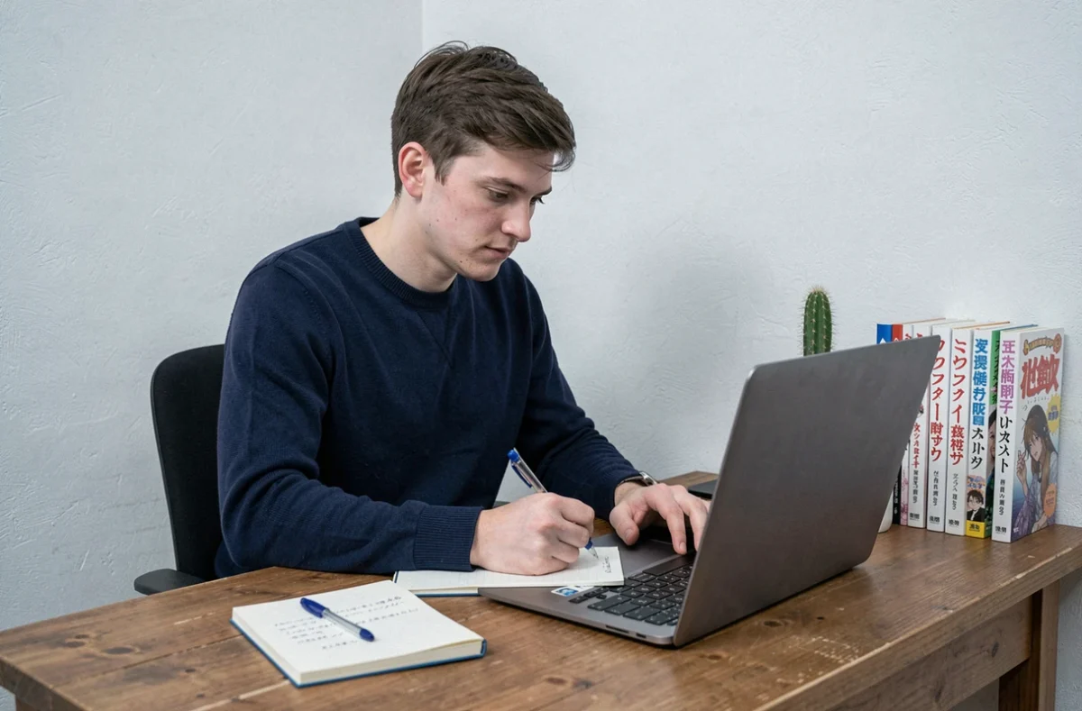 Homme prenant des notes manuscrites pour suivre sa progression de lecture de scans manga