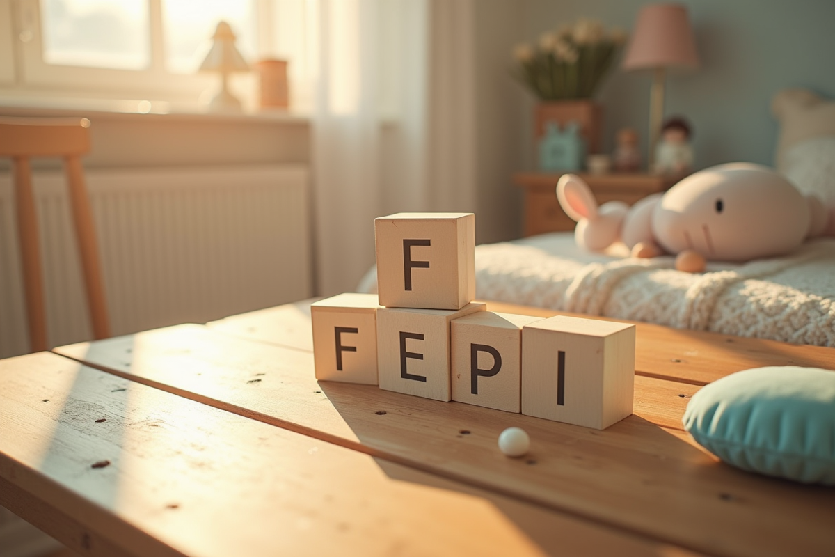 Chambre de bébé avec blocs de bois noms F sur table ensoleillée