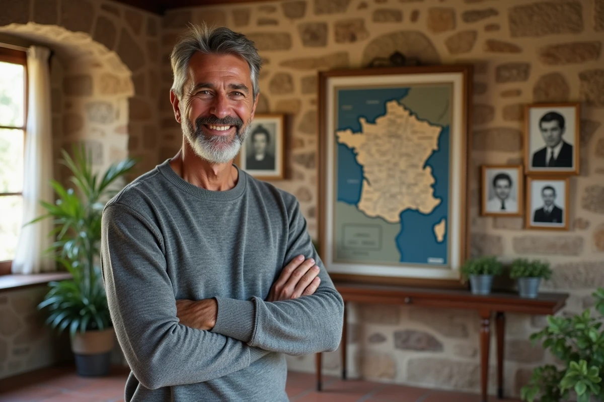 Homme souriant devant un mur de portraits familiaux en noir et blanc et une carte régionale, illustrant la découverte de ses origines et son héritage familial
