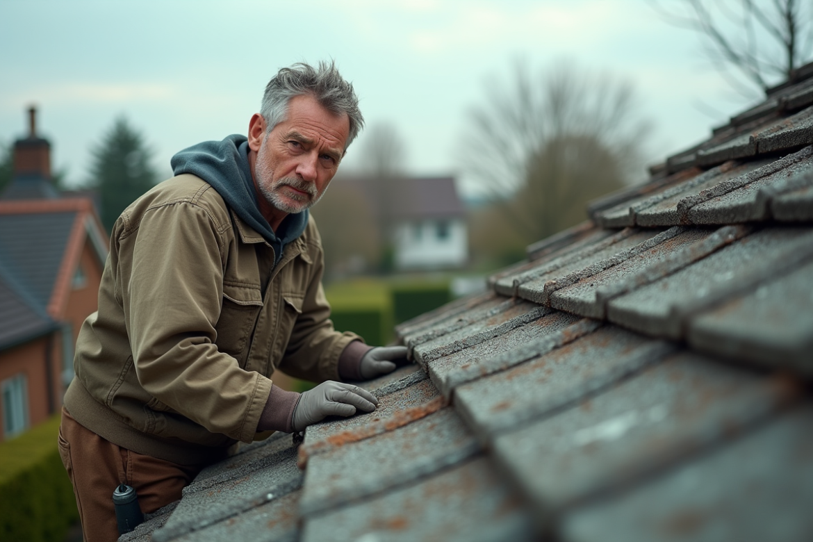 Ouvrier au travail sur un toit en tuiles en béton vieillies
