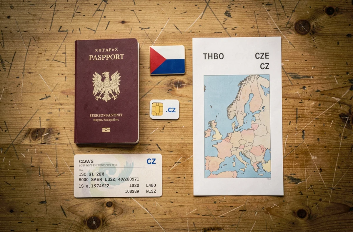 Plat posé avec passeport tchèque, carte SIM et codes ISO CZ et CZE pour la République tchèque