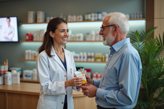 Pharmacienne souriante remet un médicament à un senior