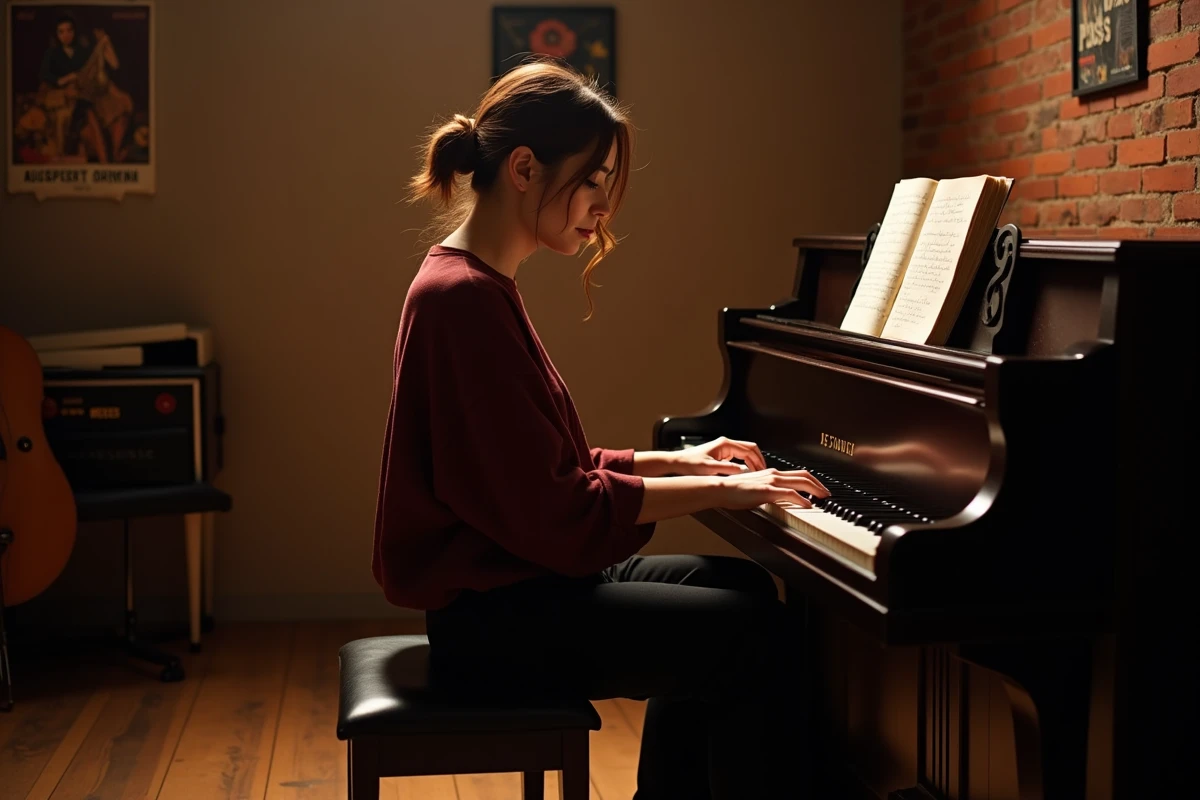 Pianiste femme en pleine réflexion émotionnelle dans un studio de répétition, évoquant l'analyse psychologique d'une chanson mélancolique