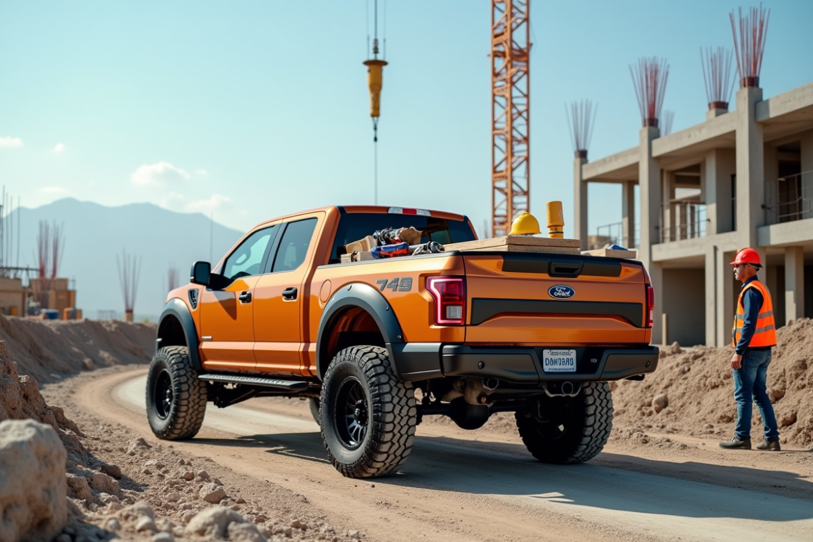 Pick-up 4x4 robuste sur un chantier animé avec ouvriers