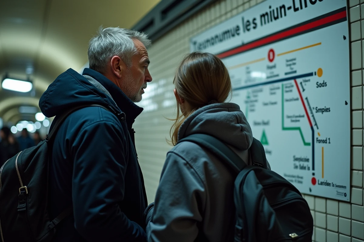 Deux voyageurs consultant le plan du réseau de métro de Toulouse affichés dans une station
