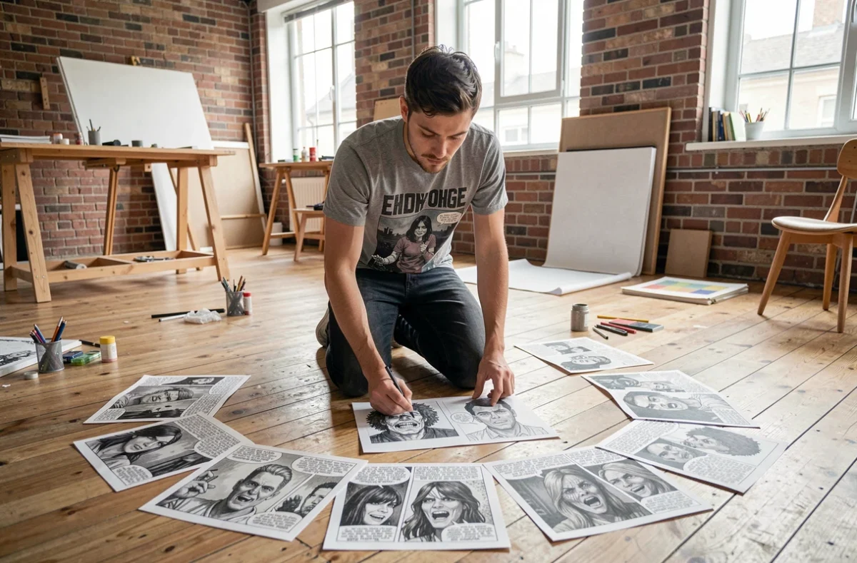 Jeune homme comparant ses planches de bande dessinée d'horreur dessinées à la main, étalées sur le sol d'un studio artistique avec murs en briques apparentes