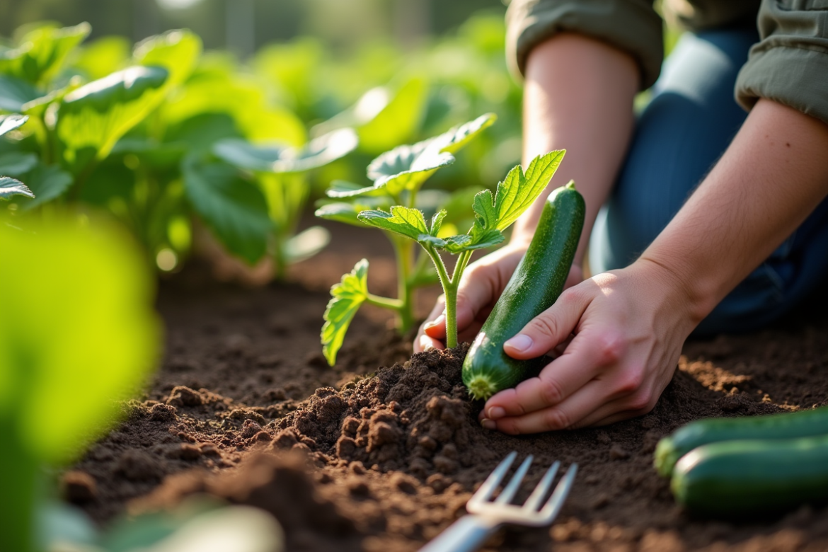 Mains de jardinier plantant jeunes concombres et courgettes dans la terre