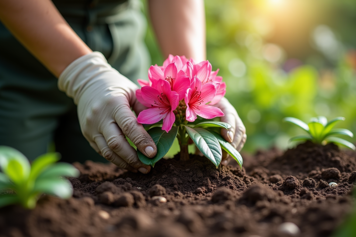Mains de jardinier plantant un rhododendron en plein air