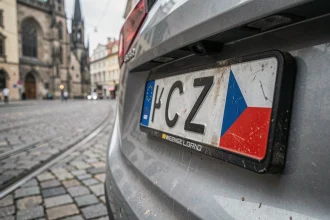 Plaque d'immatriculation tchèque CZ sur une voiture garée dans une rue pavée de Prague