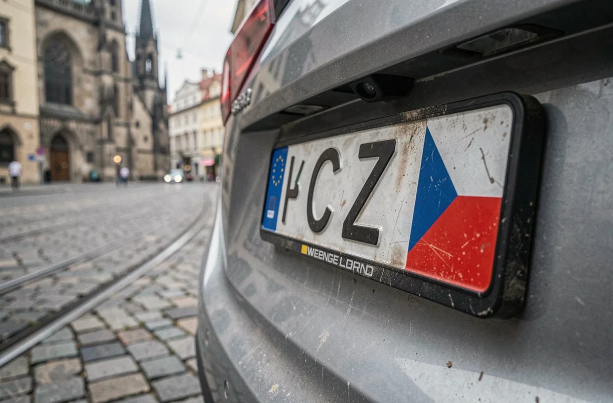 Plaque d'immatriculation tchèque CZ sur une voiture garée dans une rue pavée de Prague