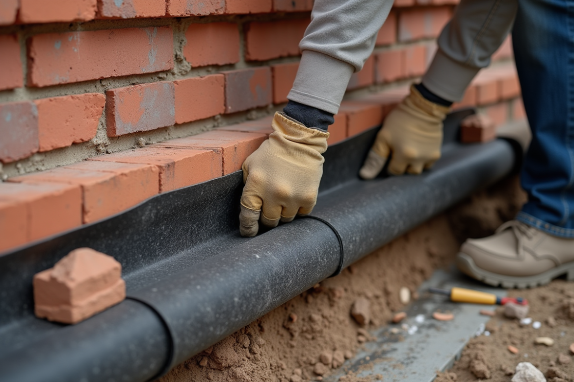 Ouvrier installant une membrane d'étanchéité sur un mur en briques