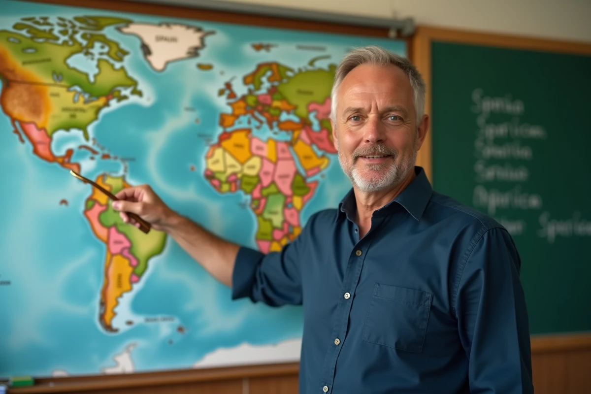Professeur devant une carte des Amériques expliquant les pays hispanophones en classe