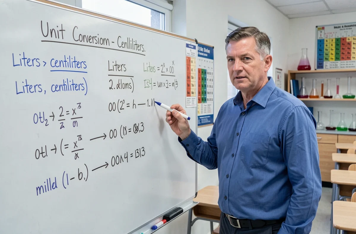 Professeur de sciences expliquant la conversion litre centilitre devant un tableau blanc dans une salle de classe