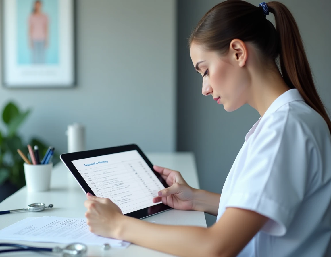 Professionnelle de santé comparant des mesures en pieds et centimètres sur tablette et formulaire papier dans un cabinet médical