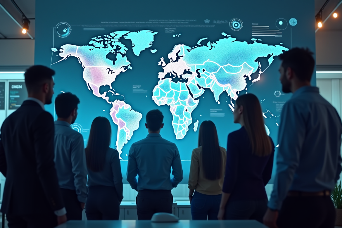 Groupe de professionnels autour d une carte digitale et graphiques