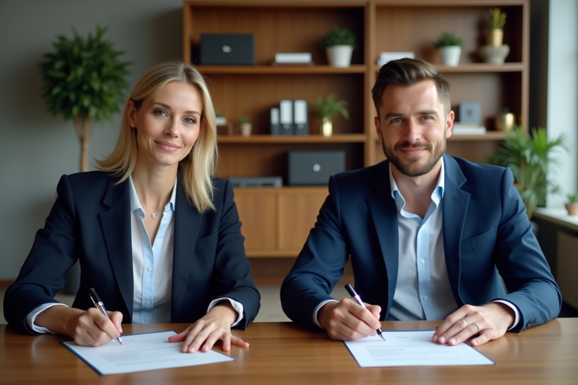 Deux professionnels signent un partenariat dans un bureau moderne