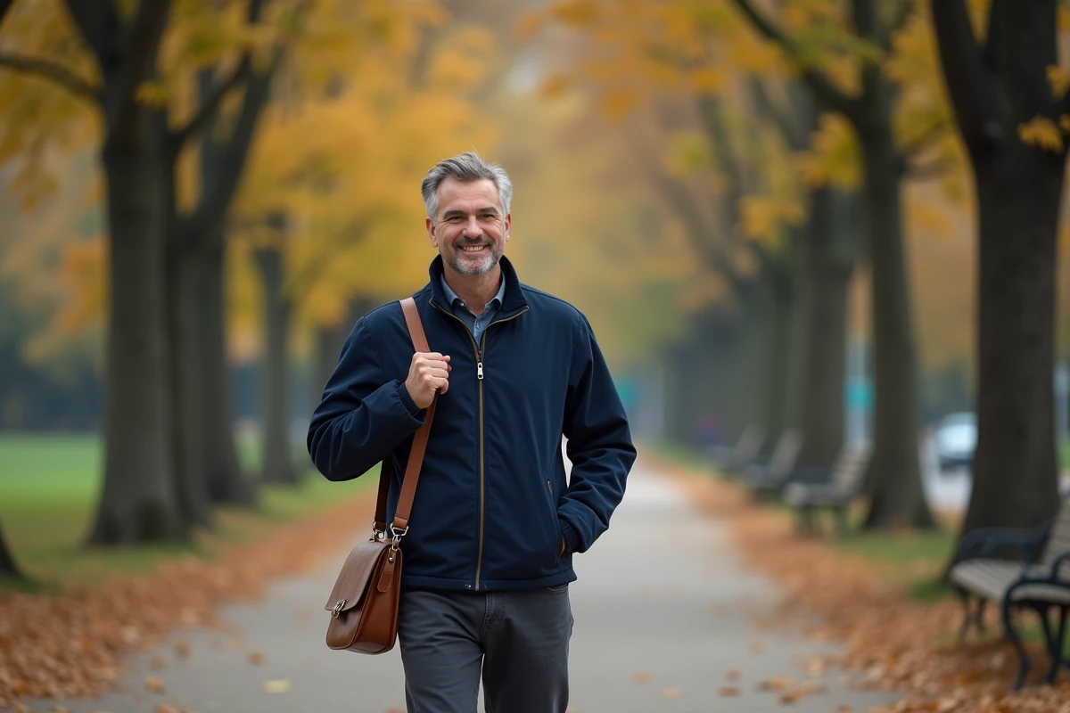 Homme se promenant sereinement dans un parc urbain aux couleurs automnales en profitant de sa journée