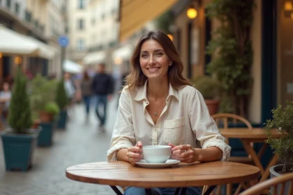 Femme profitant d'un moment de détente en terrasse de café parisien avec une tasse de café