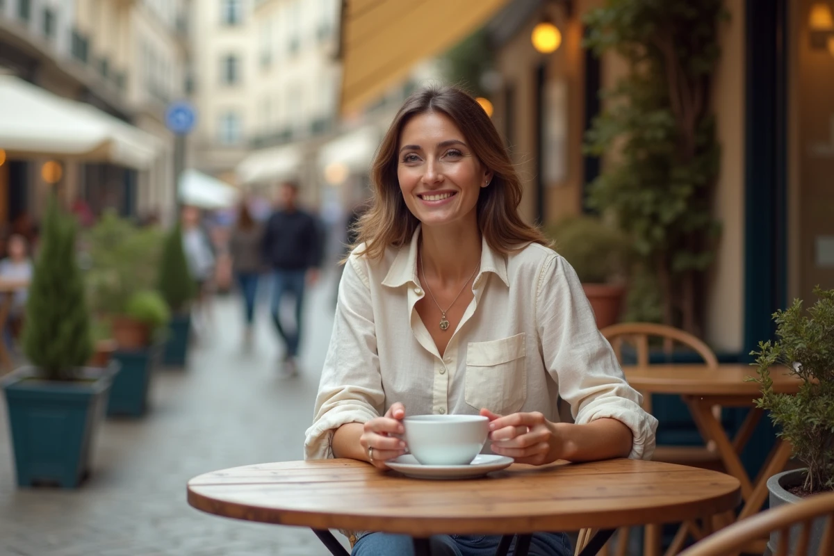 Femme profitant d'un moment de détente en terrasse de café parisien avec une tasse de café
