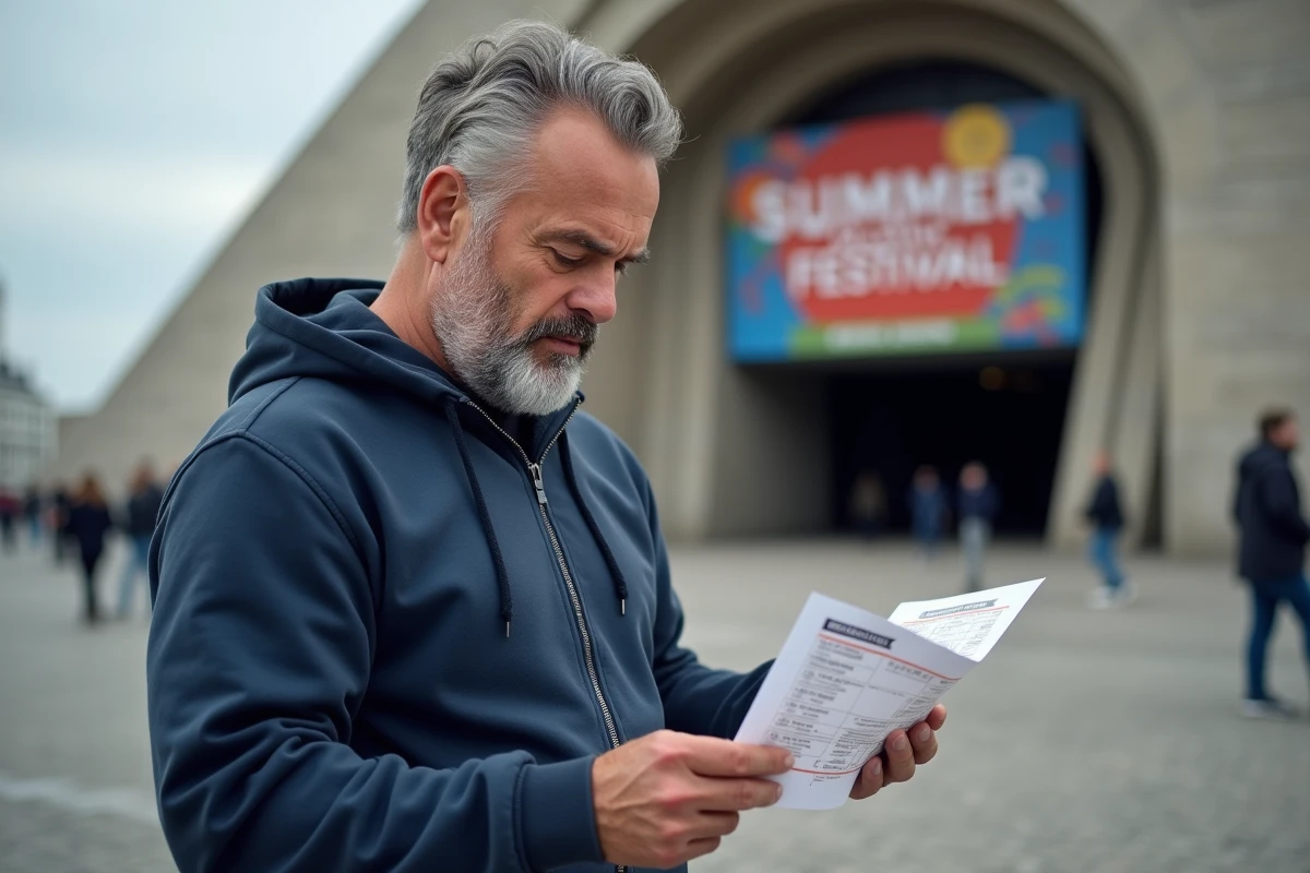 Homme consultant le programme de Pharenheit 2026 devant la façade d'une salle de spectacle au Havre