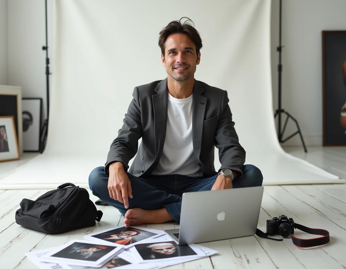 Personne en reconversion vers la photographie assise entourée de planches contact et de matériel photo dans un studio minimaliste