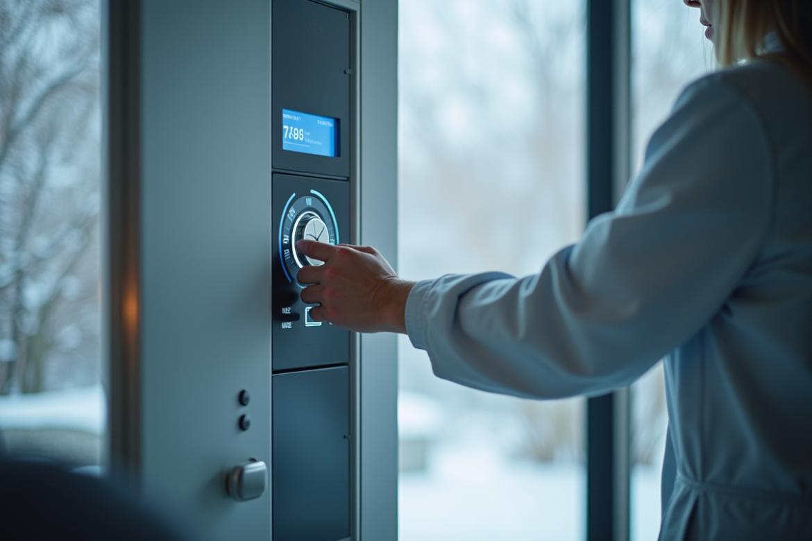 Personne ajustant le thermostat d'un congélateur moderne en cuisine