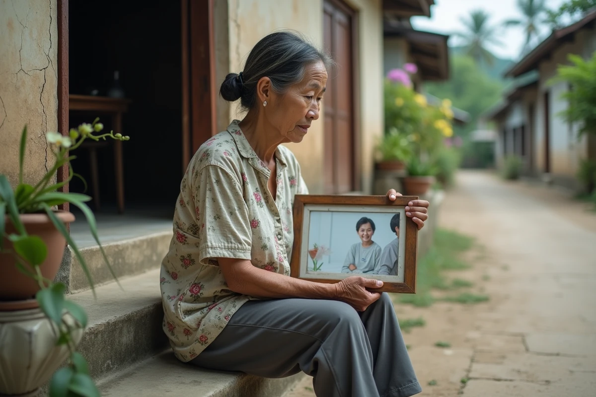 Rescapée thaïlandaise du tsunami tenant une photographie de famille devant sa maison reconstruite à Phuket, regard pensif et émouvant