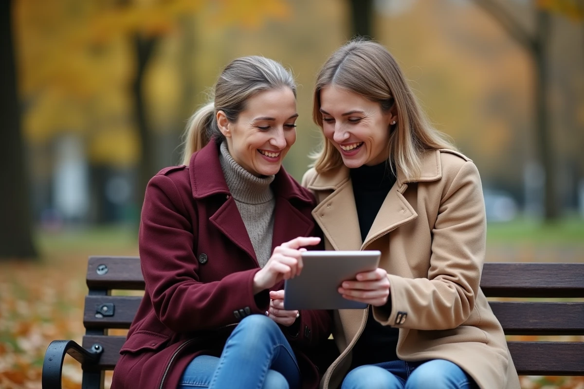 Deux femmes se retrouvant sur un banc de parc en consultant une tablette pour retrouver des amis d'enfance