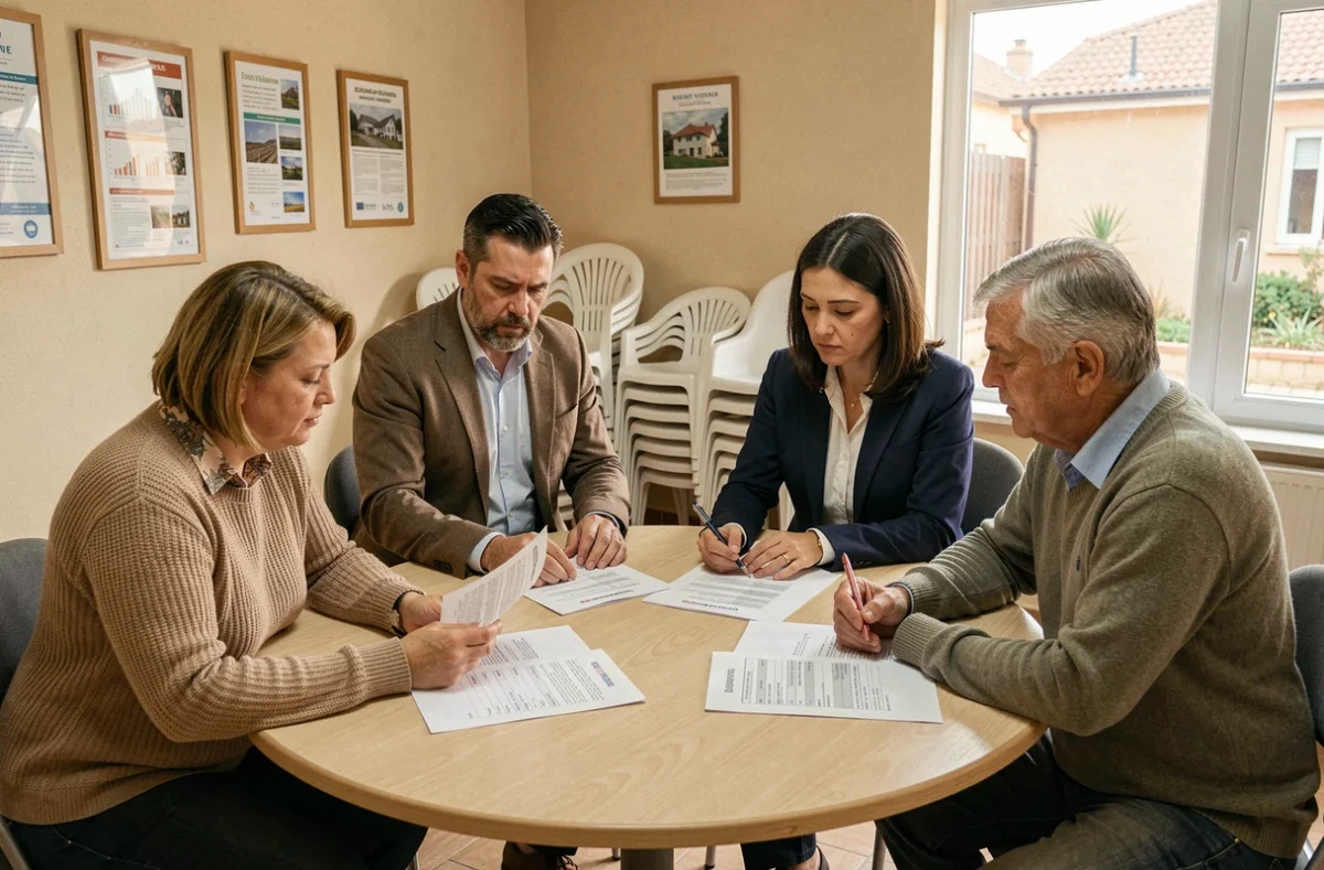Réunion de copropriétaires autour des documents budgétaires pour planifier un grand chantier de rénovation