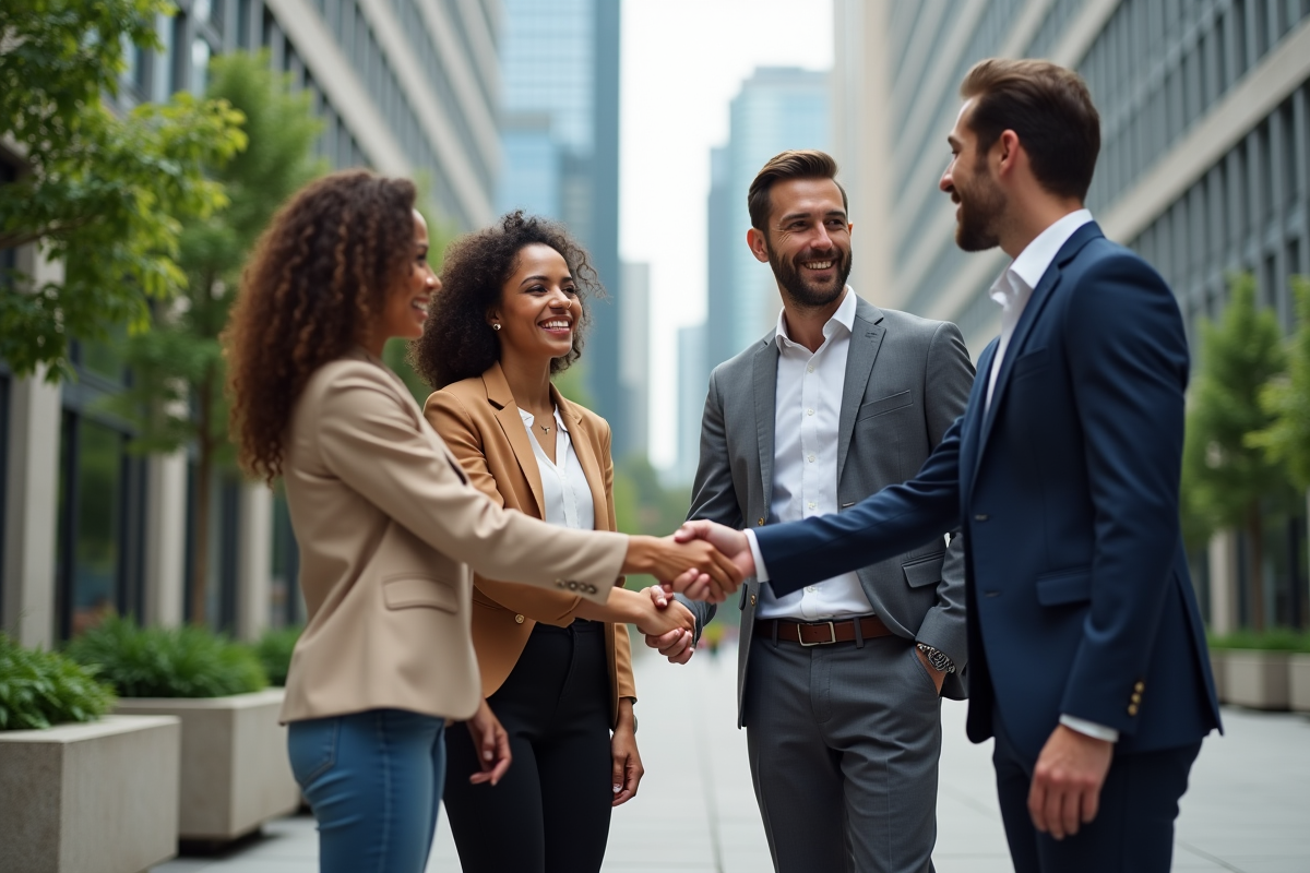 Groupe d entrepreneurs souriants lors d une rencontre en extérieur