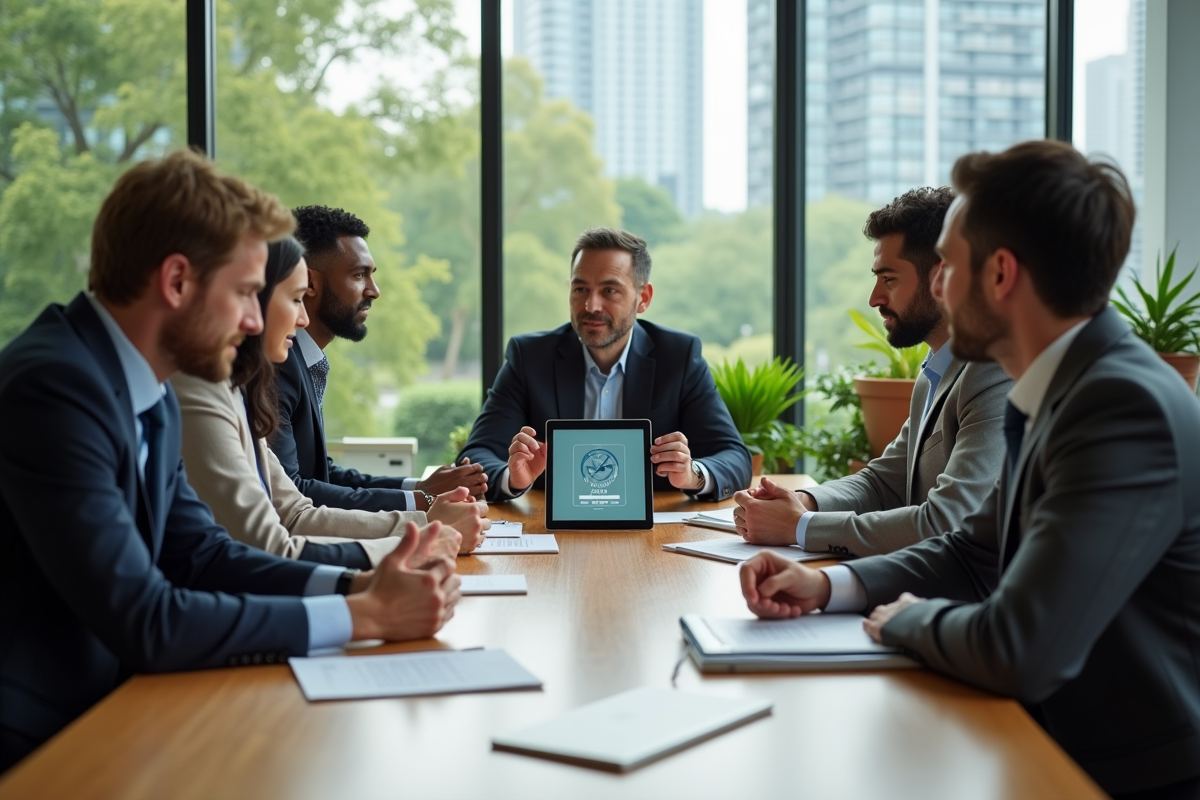 Groupe de professionnels discutant d'un rapport durable
